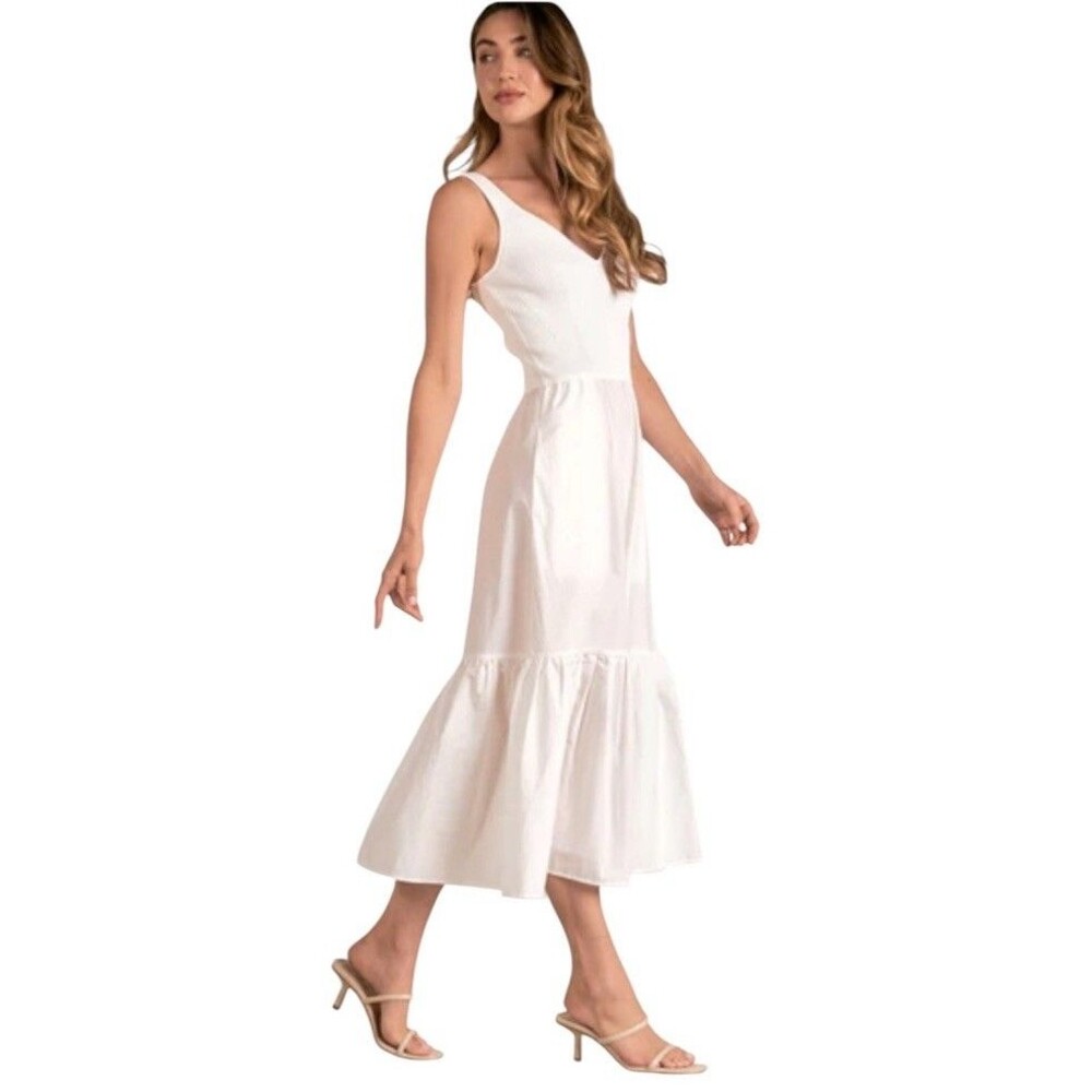 Elan The Rhodes Maxi Dress MED Tiered Ruffled Sleeveless Off White Sundress NWT